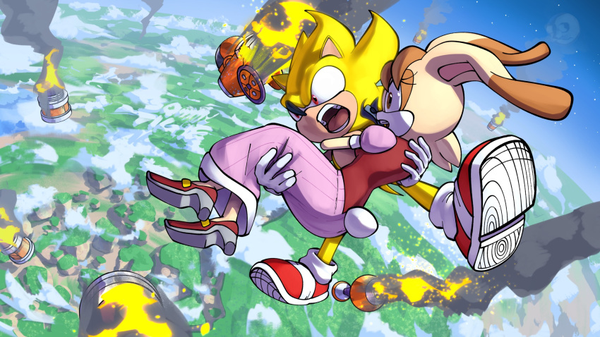 1boy, 1girl, blue_sky, brown_eyes, carrying, flying, furry, furry_female