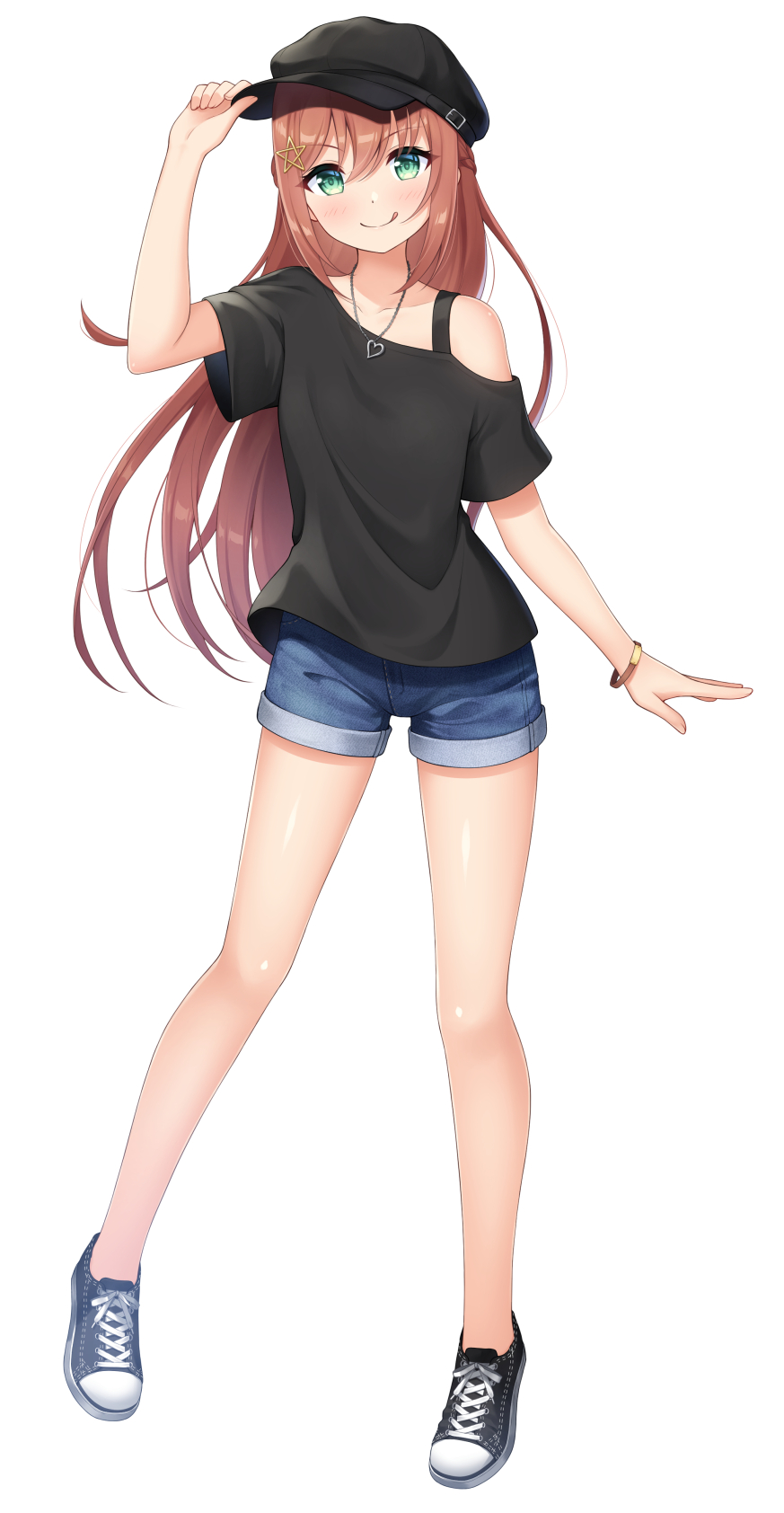 1girl, 7fuji_06, bangle, bracelet, brown_hair, cabbie_hat, denim, denim_shorts