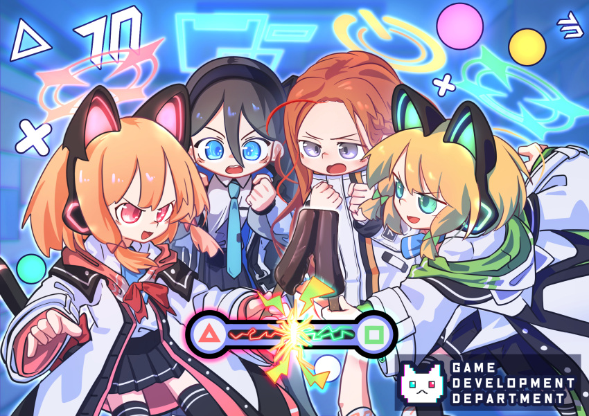 4girls, animal_ear_headphones, animal_ears, aris_(blue_archive), black_hair, blonde_hair, blue_archive, blue_eyes
