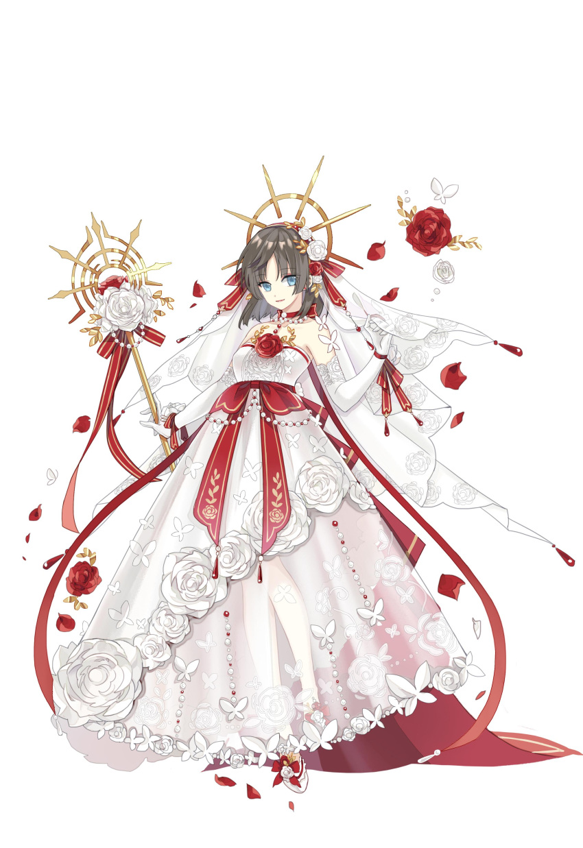 1girl, absurdres, animal_print, back_bow, bare_shoulders, black_hair, blue_eyes, bow, bridal_veil, bug, butterfly, butterfly_print, choker, dress, elbow_gloves, female_master_(the_tale_of_food), floral_print, flower, full_body, gloves, hair_flower, hair_ornament, hand_up, highres, holding, holding_staff, long_dress, red_bow, red_choker, red_flower, red_rose, rose, see-through, see-through_dress, shoe_flower, short_hair, smile, solo, staff, standing, strapless, strapless_dress, the_tale_of_food, veil, wedding_dress, white_background, white_butterfly, white_dress, white_flower, white_footwear, white_gloves, white_rose, xialuo_yingling