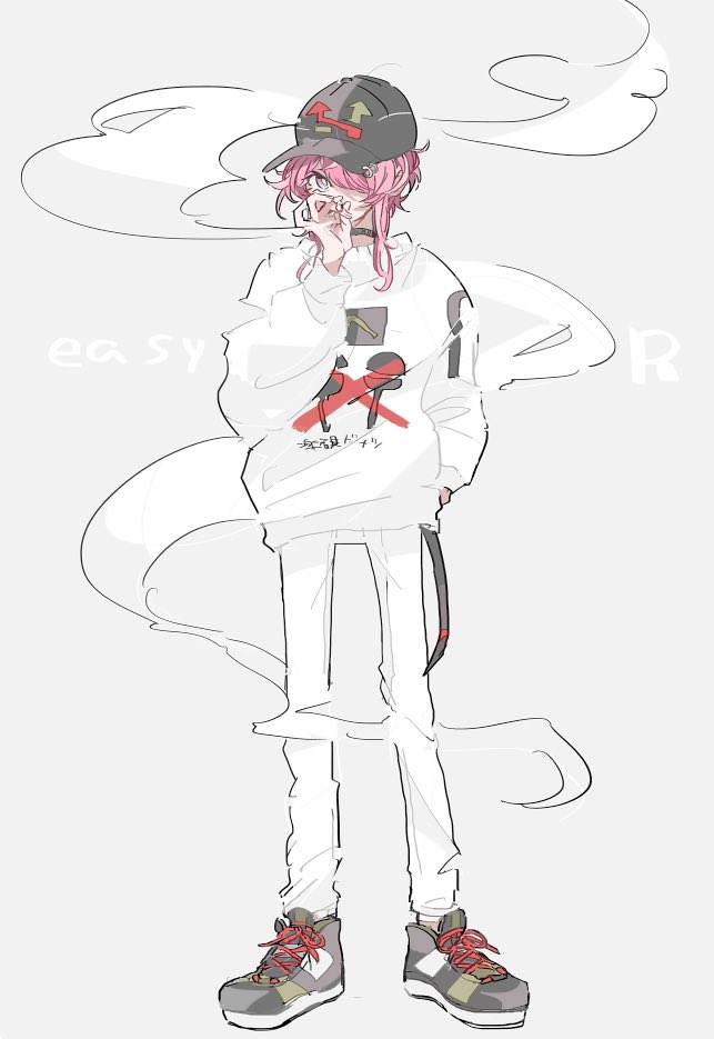 1boy, amemura_ramuda, baseball_cap, black_choker, black_footwear, black_headwear, choker, cigarette, full_body, hair_over_one_eye, hat, holding, holding_cigarette, hypnosis_mic, official_alternate_costume, oihool, pants, pink_hair, shirt, short_hair, sidelocks, smoke_trail, smoking, white_background, white_pants, white_shirt