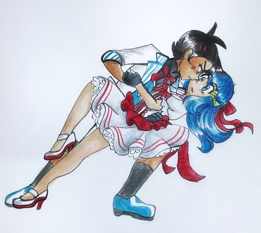 black_hair, blue_eyes, blue_hair, blush, bow, colored_pencil_(medium), commission, commissioner_upload, dancing, dark-skinned_male, dark_skin, dress, frilled_dress, frills, goh_(pokemon), highres, hikari_(pokemon), hopefultimebubbles, pokemon, pokemon_(anime), pokemon_journeys, red_ribbon, ribbon, simple_background, traditional_media, white_dress