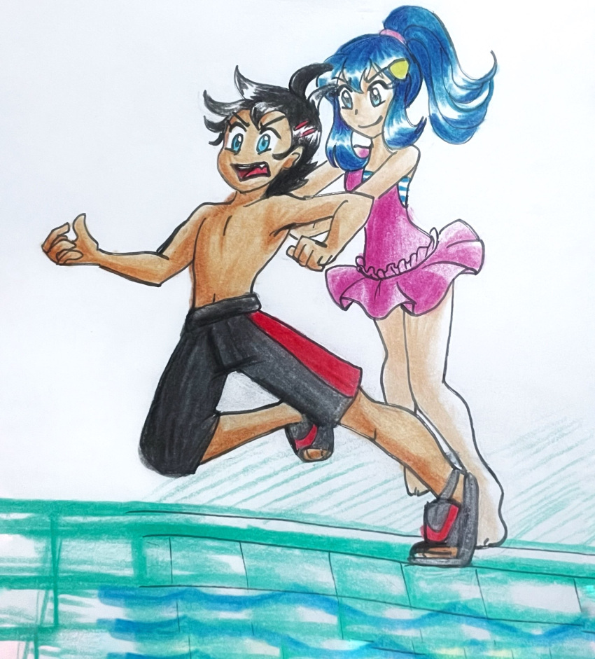 bare_legs, barefoot, black_hair, blue_eyes, blue_hair, colored_pencil_(medium), commission, commissioner_upload