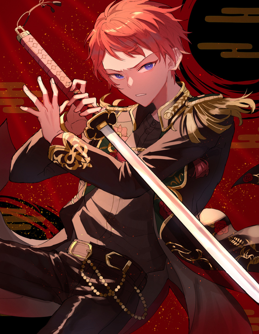1boy, belt, black_belt, black_pants, chivalry_(ensemble_stars!), commentary_request, cowboy_shot, egasumi, ensemble_stars!, epaulettes, fingernails, floral_print, high_collar, highres, holding, holding_sword, holding_weapon, itsuki_shu, long_sleeves, male_focus, pants, parted_lips, pink_hair, short_bangs, short_hair, solo, sword, violet_eyes, weapon, wednesday_108