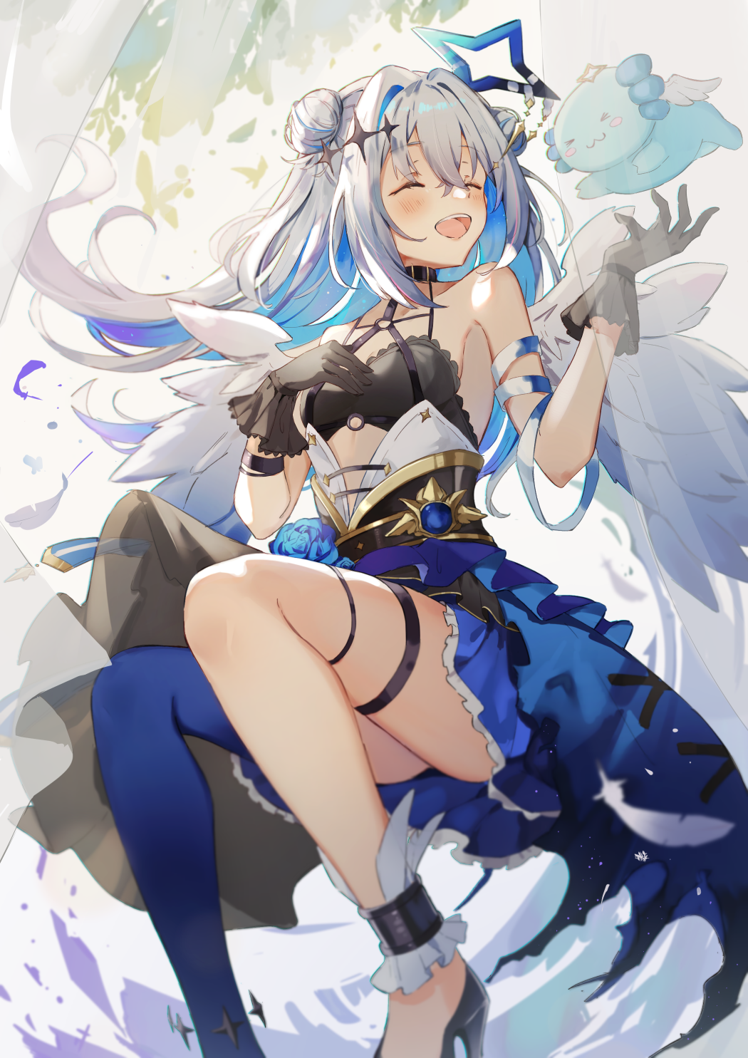 1girl, :d, amane_kanata, amane_kanata_(5th_costume), angel, angel_wings, axolotl, bandaged_arm, bandages, bare_shoulders, black_gloves, blue_hair, blue_thighhighs, closed_eyes, collar, colored_inner_hair, corset, double_bun, gloves, grey_hair, hair_between_eyes, hair_bun, hair_intakes, high_heels, highres, hololive, long_hair, miakiuehashi, multicolored_hair, open_mouth, single_thighhigh, skirt, smile, solo, strapless, thigh-highs, thigh_strap, tube_top, upao_(amane_kanata), virtual_youtuber, wings