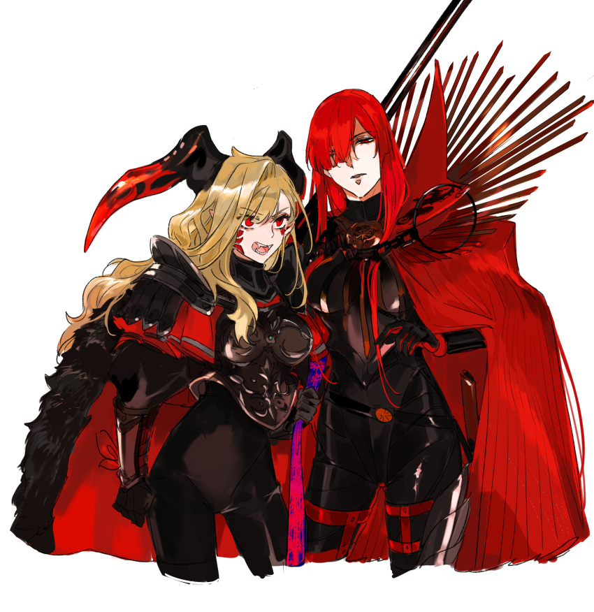 2girls, absurdres, armor, black_armor, black_bodysuit, black_horns, blonde_hair, bodysuit