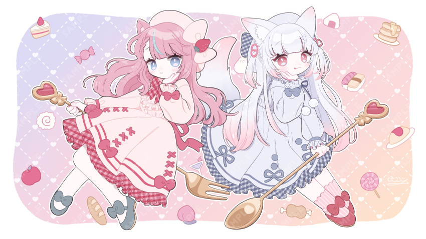 2girls, :3, :q, animal_ear_fluff, animal_ears, apple, artist_name, back_bow