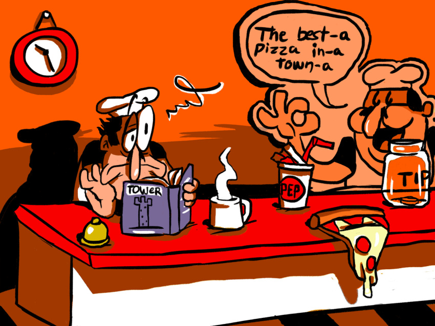 1boy, black_hair, black_pants, black_shirt, black_undershirt, call_bell, cardboard_cutout, checkered_floor, chef_hat, clock, coffee, coffee_mug, counter, cup, disposable_cup, drinking_straw, english_text, facial_hair, food, frown, hat, head_rest, long_nose, male_focus, mcpig, mug, mustache, pants, peppino_spaghetti, pizza, pizza_tower, reading, shadow, shirt, short_hair, short_sleeves, sleeveless, sleeveless_shirt, solo, squiggle, tip_jar, undershirt, uneven_eyes, white_headwear, white_shirt