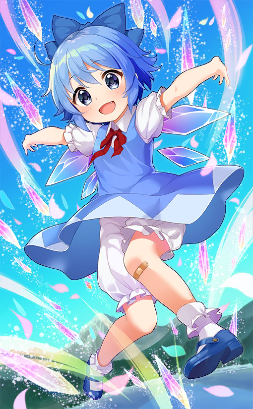 1girl, bandaid, bandaid_on_leg, blue_bow, blue_dress, blue_footwear, blue_hair, blue_sky