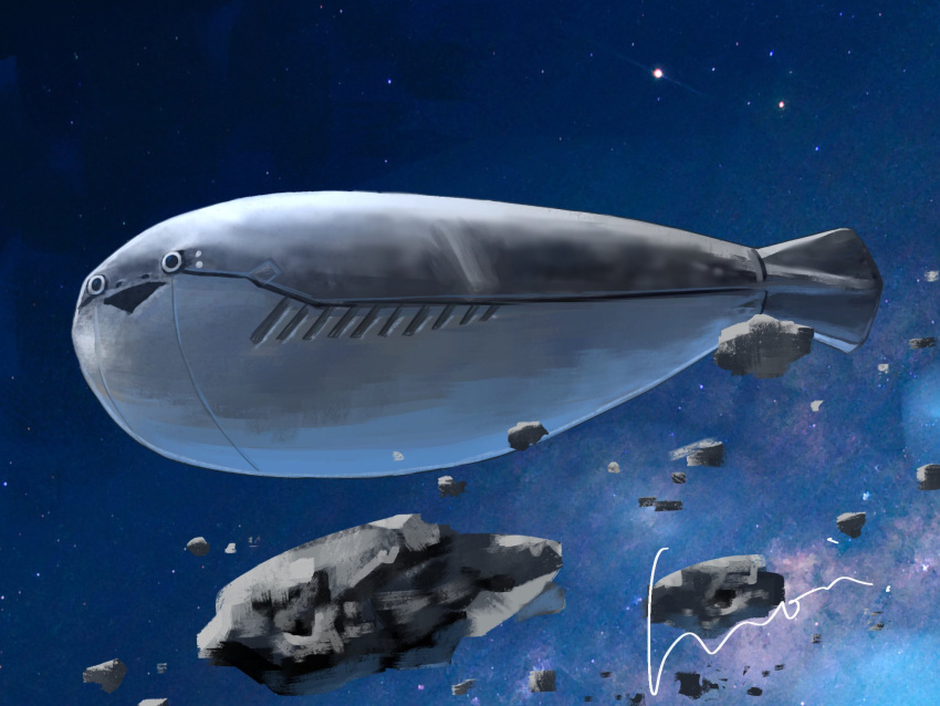 animal, asteroid, fish, highres, mori_hisato, no_humans, non-humanoid_robot, open_mouth, original, oversized_animal, robot, robot_animal, sacabambaspis, space, star_(sky), triangle_mouth