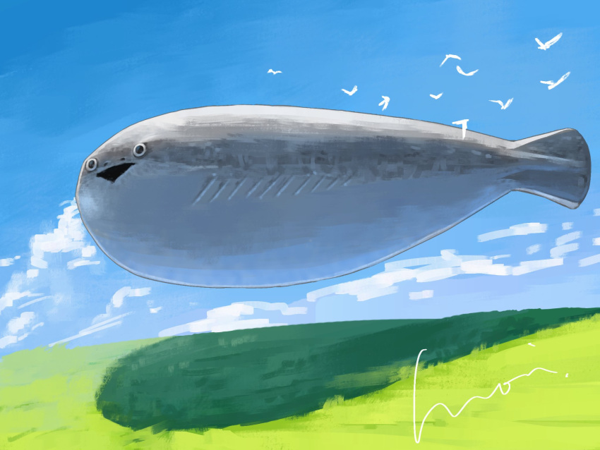 animal, animal_focus, blue_sky, clouds, cloudy_sky, day, field, fish