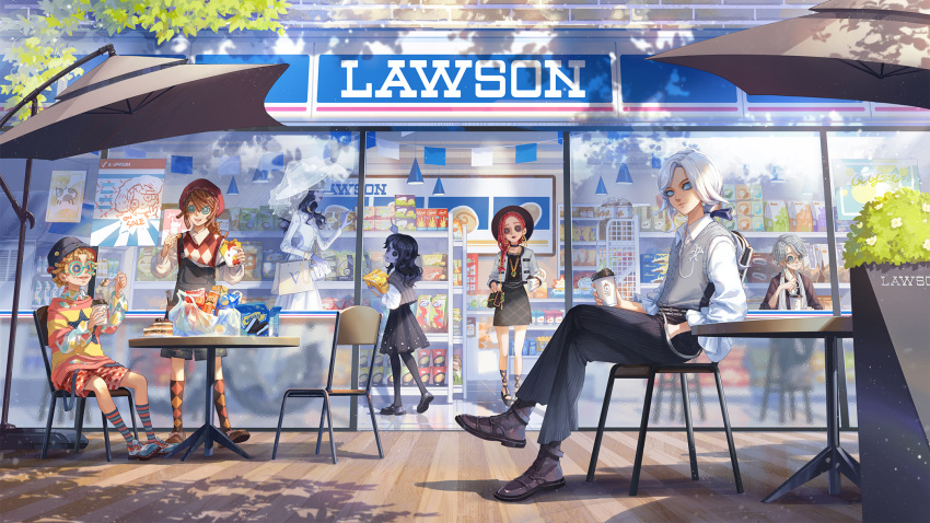 3girls, 4boys, aesop_carl, alternate_costume, argyle, argyle_legwear, argyle_sweater_vest, bag