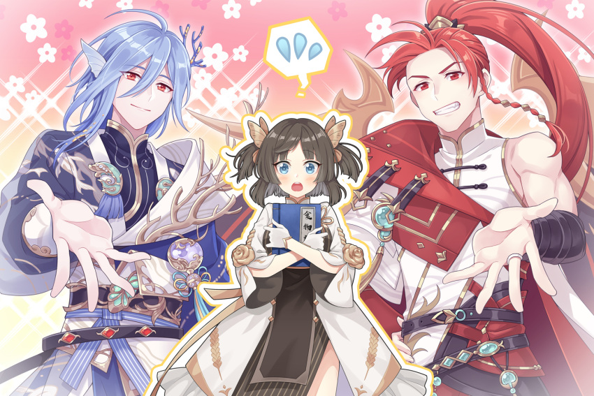 1girl, 2boys, arm_guards, asymmetrical_sleeves, beckoning, belt, black_belt, black_dress