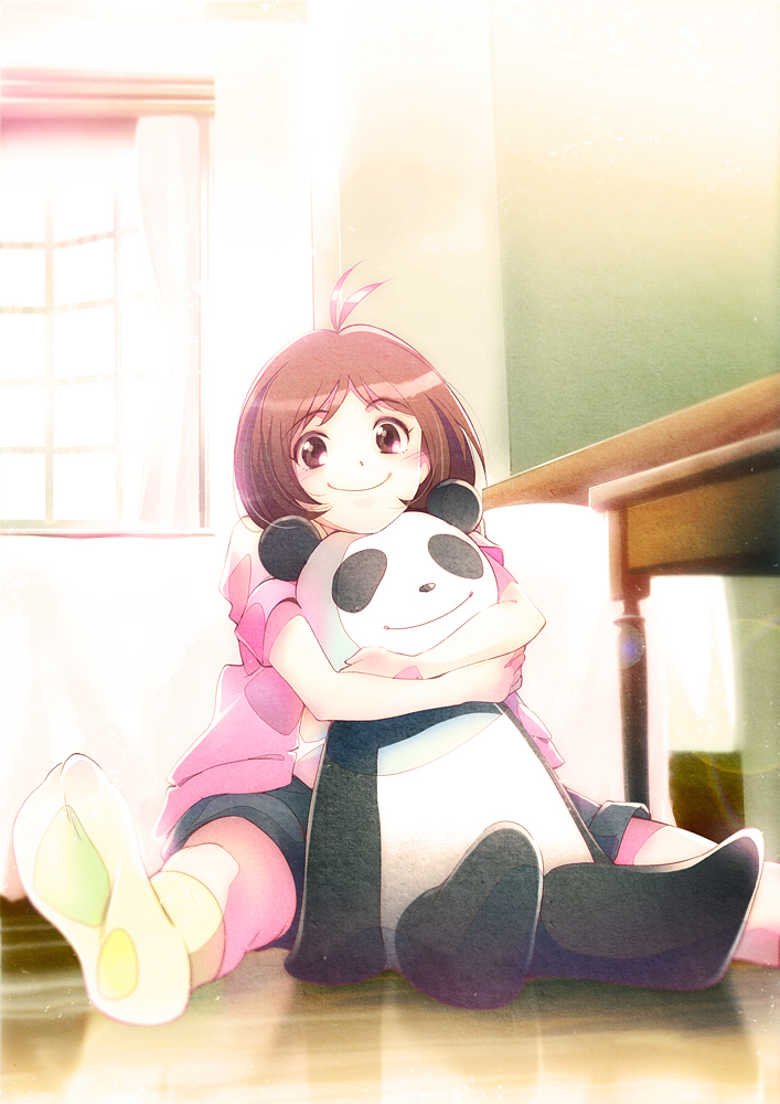 hidaka_ai, hug, idolmaster, idolmaster_dearly_stars, panda, riyo_(riyontoko), smile, solo