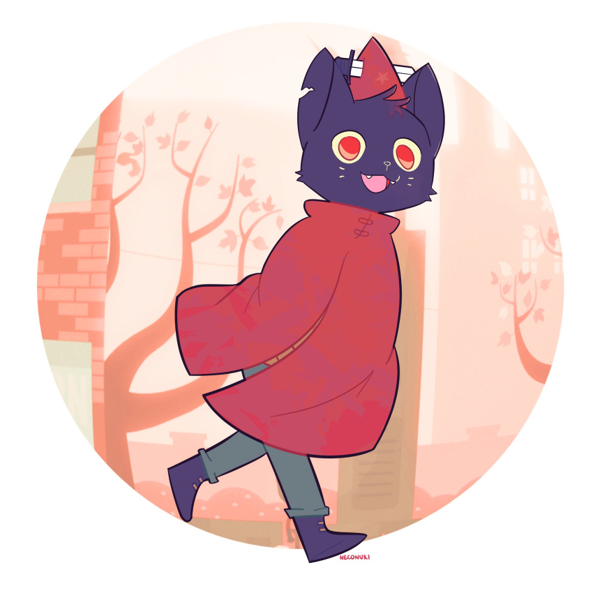 1girl, absurdres, black_footwear, black_fur, cat, cloak, colored_sclera, fangs
