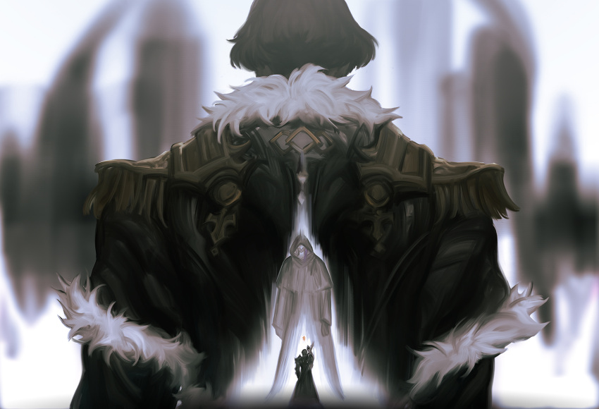 3boys, adventurer_(ff14), arm_up, arms_at_sides, back-to-back, black_capelet, black_coat, black_robe, blurry, blurry_background, brown_hair, capelet, chinese_commentary, coat, commentary_request, covered_eyes, dark_knight_(final_fantasy), emet-selch, epaulettes, facing_away, final_fantasy, final_fantasy_xiv, from_behind, fur-trimmed_coat, fur_trim, garlean, greatsword, highres, hood, hood_up, hooded_capelet, hythlodaeus, hyur, long_sleeves, male_focus, multiple_boys, purple_hair, robe, shawnstaw, short_hair, size_difference, standing, sword, warrior_of_light_(ff14), weapon, weapon_on_back