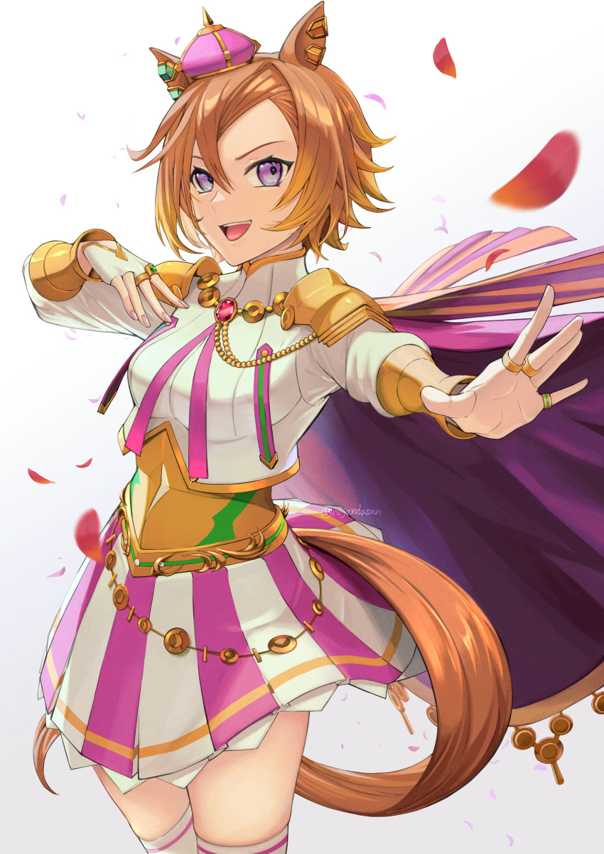 1girl, :d, animal_ears, cape, cowboy_shot, crown, hair_between_eyes, highres