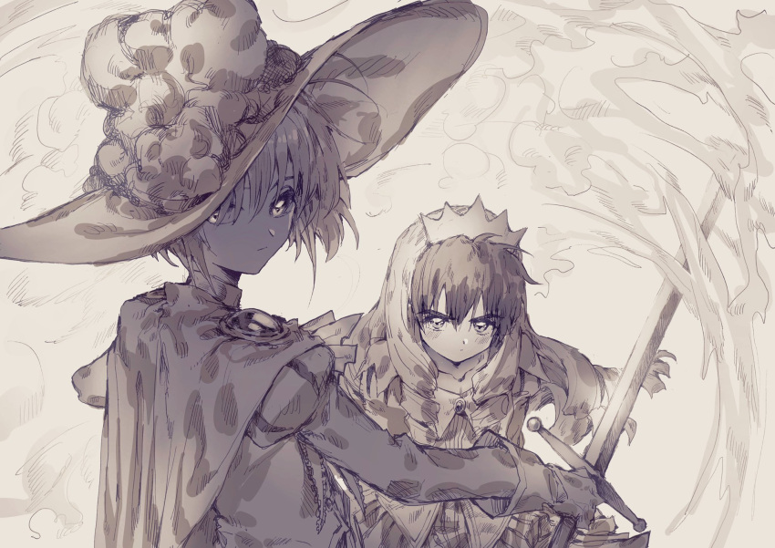 1boy, 1girl, cape, cardcaptor_sakura, cat, crossdressing, crown, drill_hair