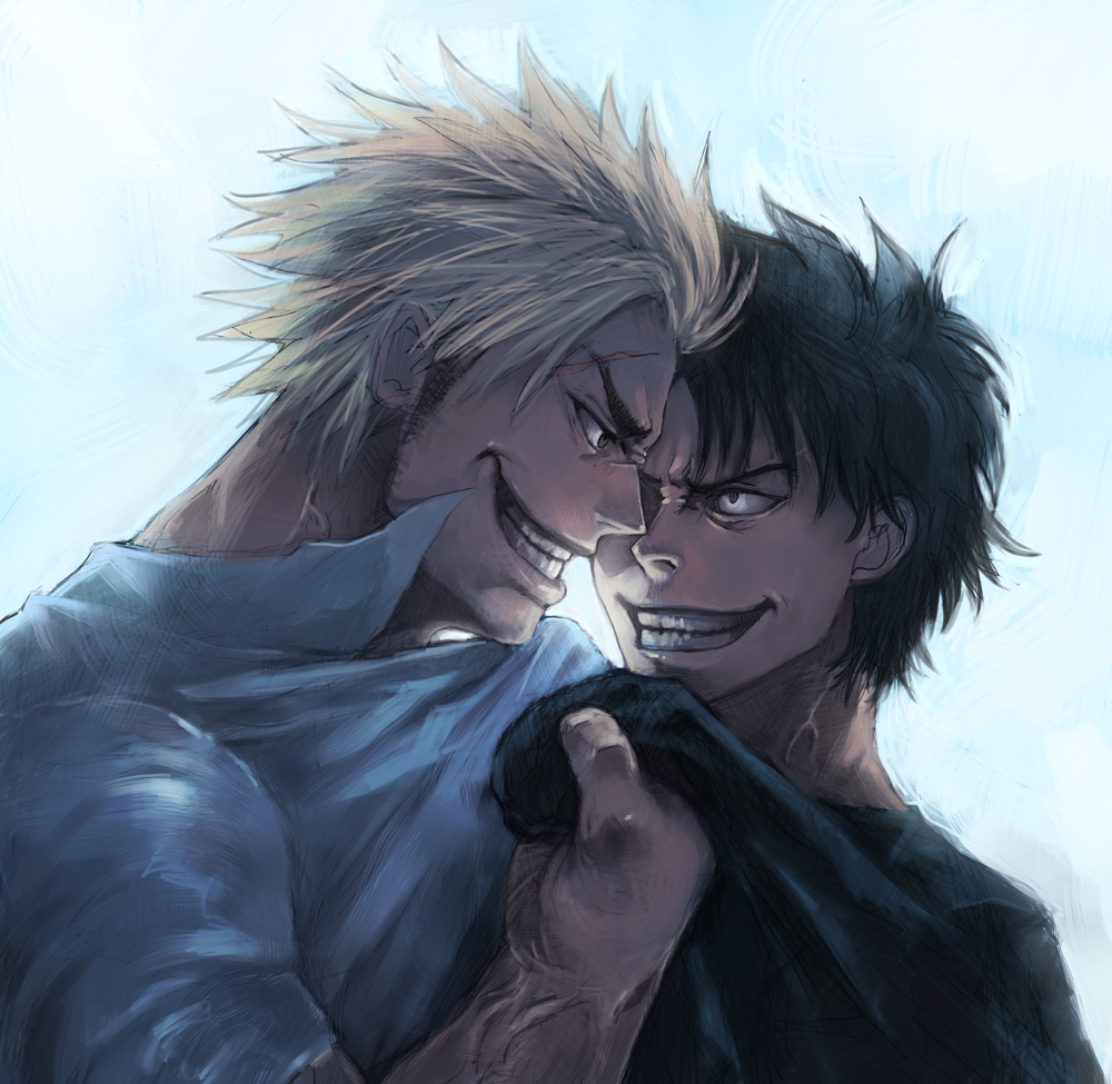beelzebub_(manga), black_hair, blonde_hair, boyaking, grin, hidetora_toujou, male, multiple_boys