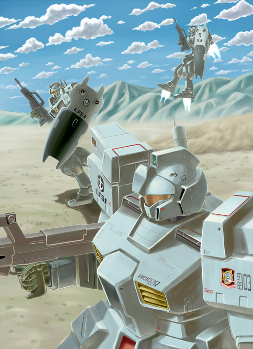 cloud, desert, gm_custom, gm_kai, gun, gundam, gundam_0083, mecha, mountain, nagase_mizuchi, rifle, shield, solo, weapon