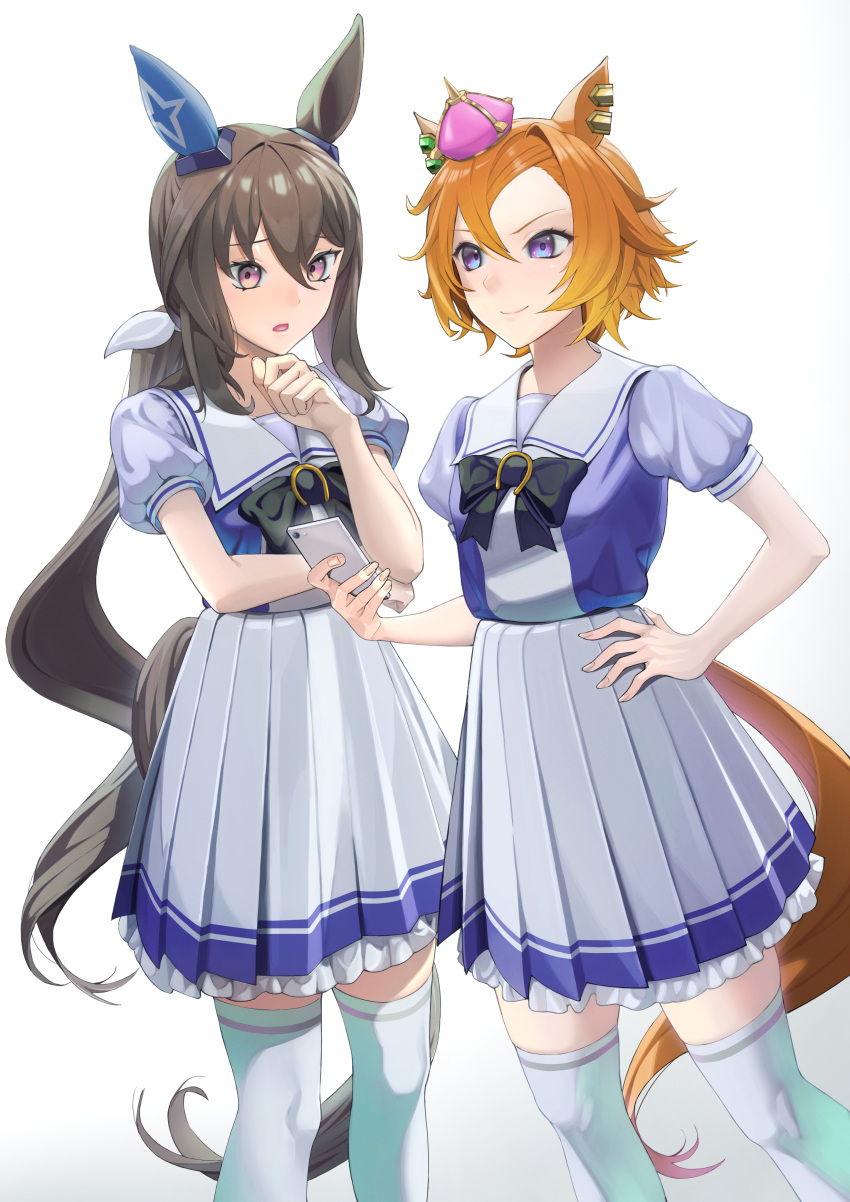 2girls, absurdres, admire_vega_(umamusume), animal_ears, bow, bowtie, brown_hair, crown