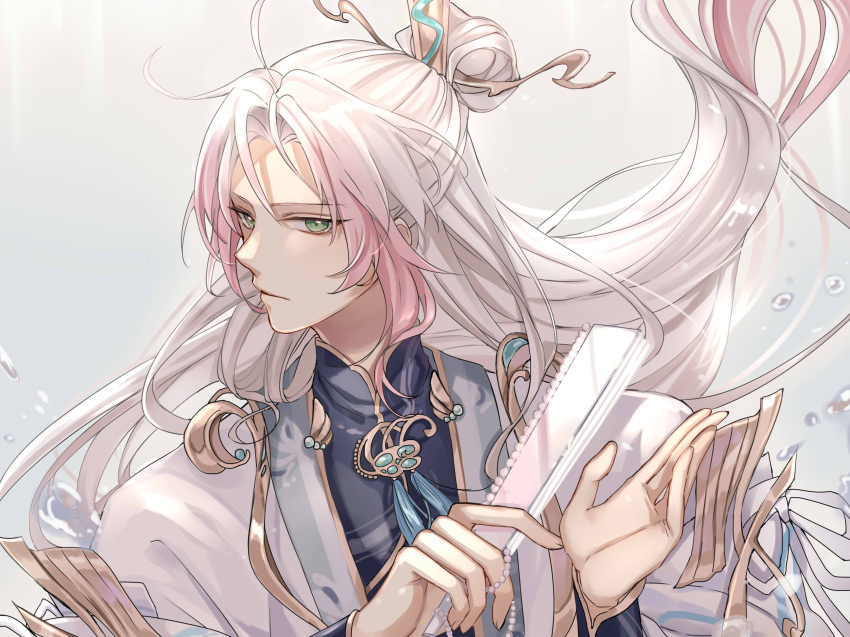 1boy, absurdres, blue_shirt, chinese_clothes, closed_mouth, expressionless, floating_hair, folded_fan