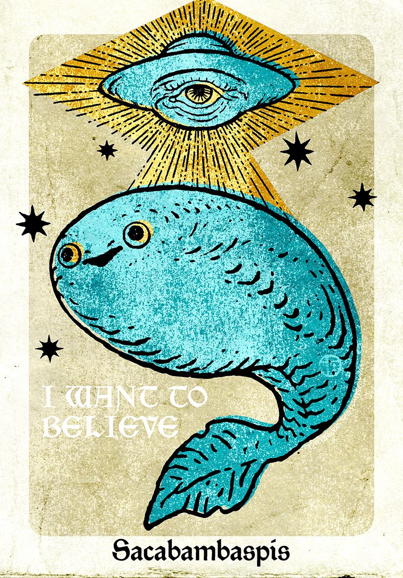 animal_focus, commentary, english_commentary, english_text, eyeball, fish, flying_saucer, i_want_to_believe_(meme), limited_palette, meme, no_humans, open_mouth, original, sacabambaspis, simple_background, spacecraft, star_(symbol), style_request, triangle_mouth, ufo, yoshikawa_tatsuya