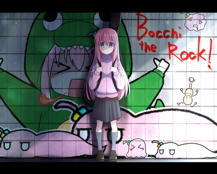 >_<, 1girl, absurdres, black_skirt, blank_eyes, blue_eyes, bocchi_the_rock!, brown_footwear