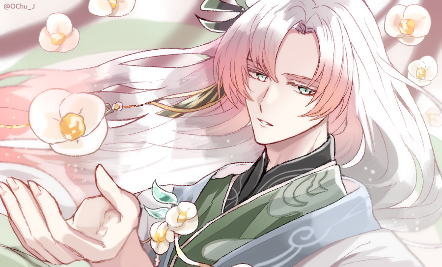 1boy, camellia, chinese_clothes, expressionless, flower, gradient_hair, green_eyes, green_ribbon