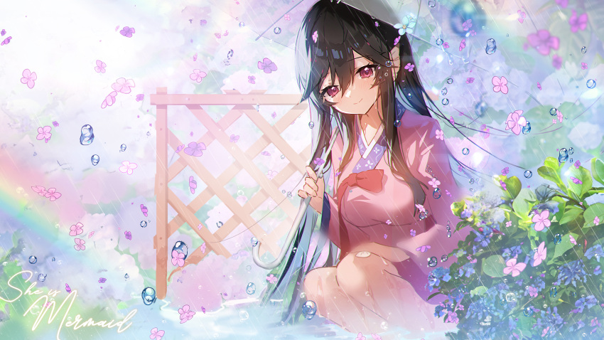 1girl, apple_caramel, boku_no_kanojo_wa_ningyohime!?, brown_hair, bubble, closed_mouth, commission, flower