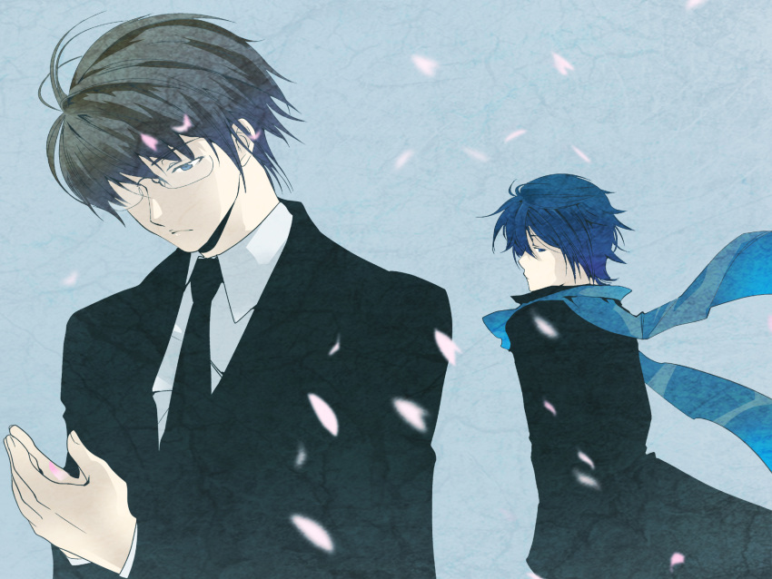 blue_eyes, blue_hair, brown_hair, formal, glasses, highres, hiyama_kiyoteru, kaito