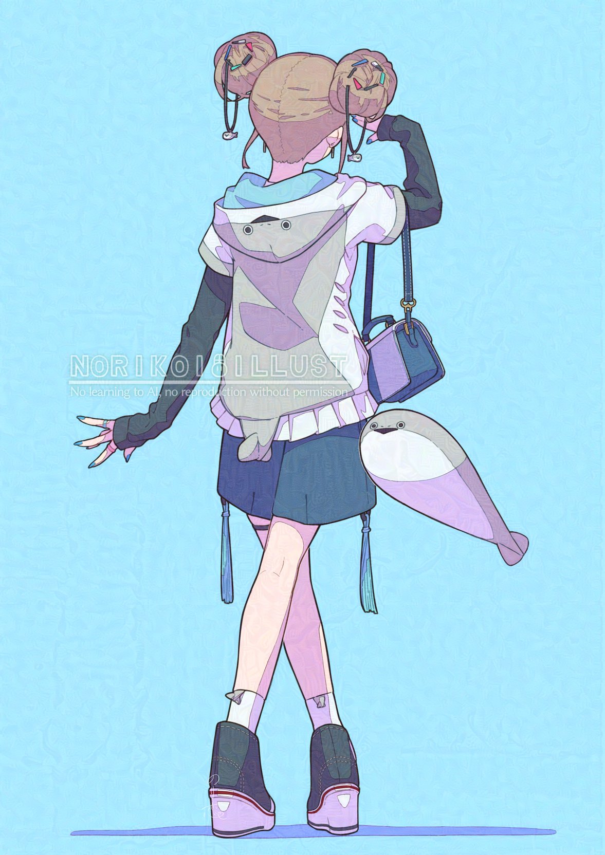 1girl, animal_hood, artist_name, bag, black_footwear, black_shirt, blue_background, blue_bag