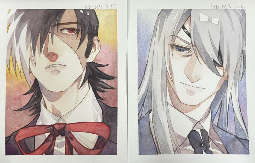 2boys, artist_name, black_hair, black_jack_(character), black_jack_(series), black_necktie, blue_background, blue_eyes
