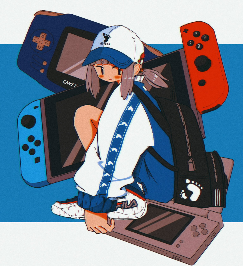 1girl, adidas, backpack, bag, baseball_cap, black_bag, black_eyes, blue_background, blue_jacket, blush, brand_name_imitation, fila, from_side, full_body, game_boy_advance, grey_hair, handheld_game_console, hat, highres, jacket, looking_at_viewer, looking_to_the_side, nao97122, nintendo_ds, nintendo_switch, original, outside_border, parted_lips, shoes, short_hair, sidelocks, sneakers, solo, squatting, white_footwear, white_headwear, white_jacket, white_sleeves