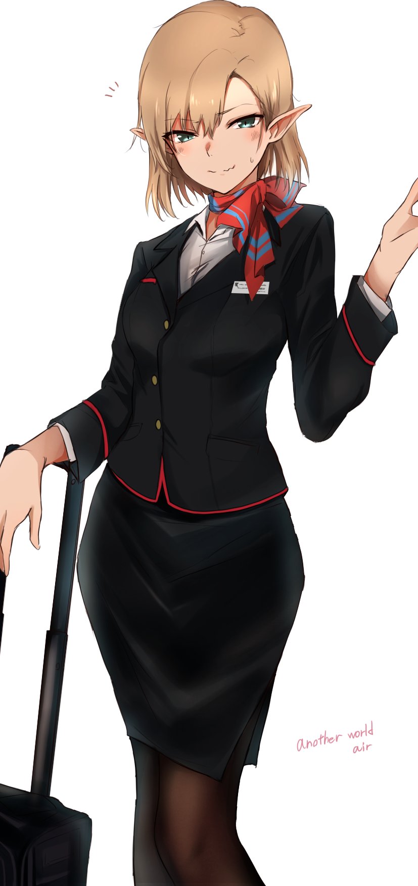 1girl, black_jacket, black_pantyhose, black_skirt, blonde_hair, commentary, cowboy_shot, elf