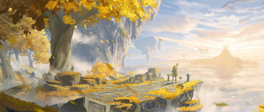 1boy, absurdres, archaic_set_(zelda), artist_name, blonde_hair, blue_shirt, bow_(weapon), brown_footwear, clouds, cloudy_sky, day, facing_away, floating_island, fog, grass, highres, lantern, link, long_hair, mountain, outdoors, sandals, scenery, shirt, sky, solo, the_legend_of_zelda, the_legend_of_zelda:_tears_of_the_kingdom, tree, weapon, wide_shot, xiaorui-rui