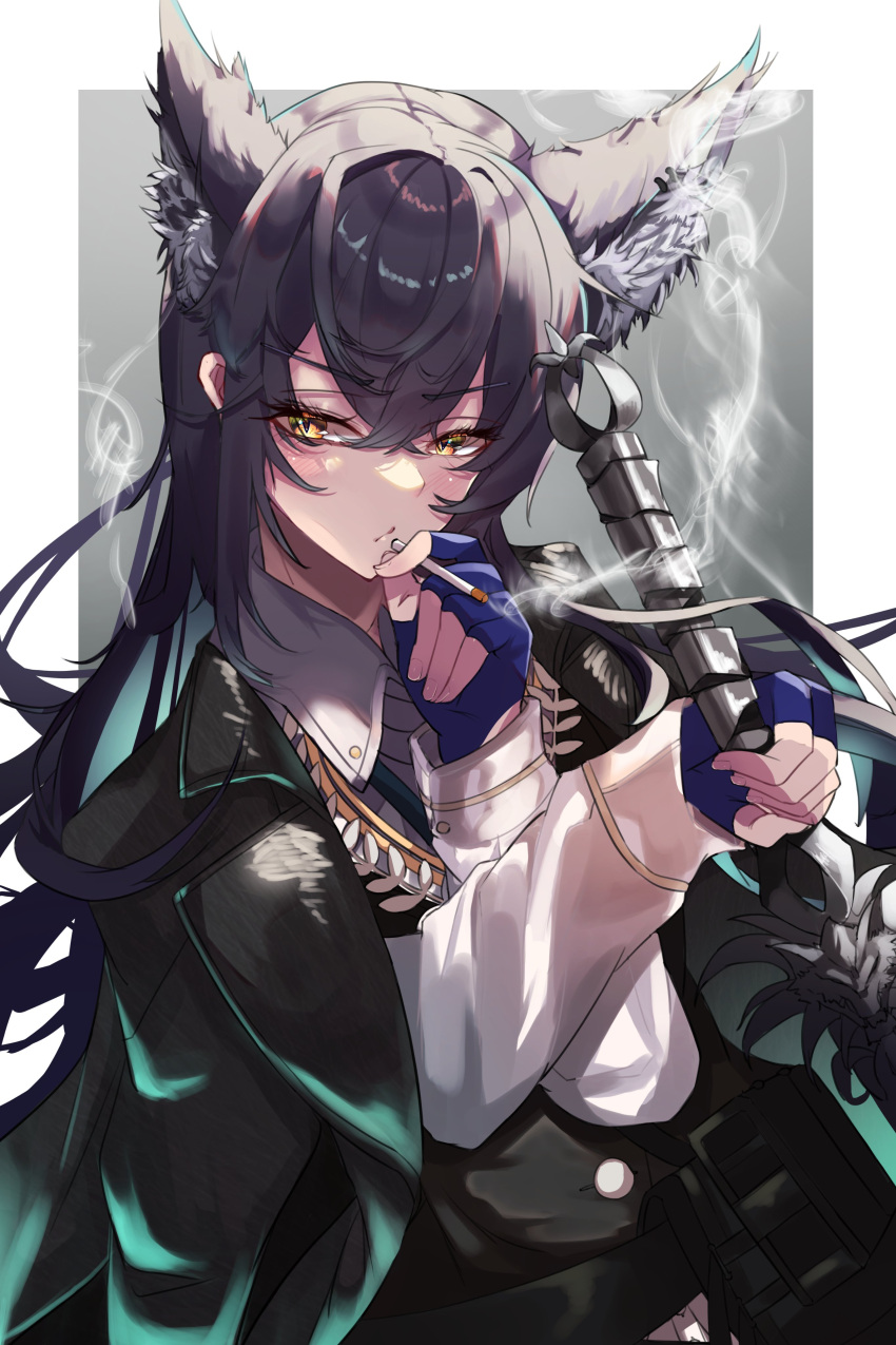 1girl, 80illu, absurdres, animal_ear_fluff, animal_ears, arknights, black_hair, black_jacket