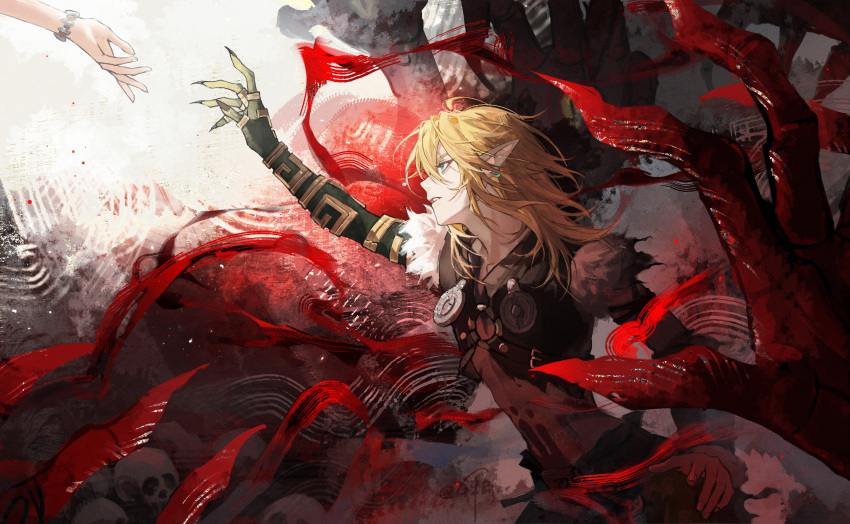 1boy, 1girl, absurdres, barbarian_set_(zelda), black_shirt, black_shorts, blonde_hair, blue_eyes, bodypaint, bracelet, earrings, fingernails, from_side, gloom_spawn, hair_behind_ear, highres, jewelry, link, male_focus, medium_hair, parted_lips, pointy_ears, princess_zelda, profile, qianben_shan, reaching, shirt, shorts, skull, sleeveless, sleeveless_shirt, smoke, the_legend_of_zelda, the_legend_of_zelda:_tears_of_the_kingdom
