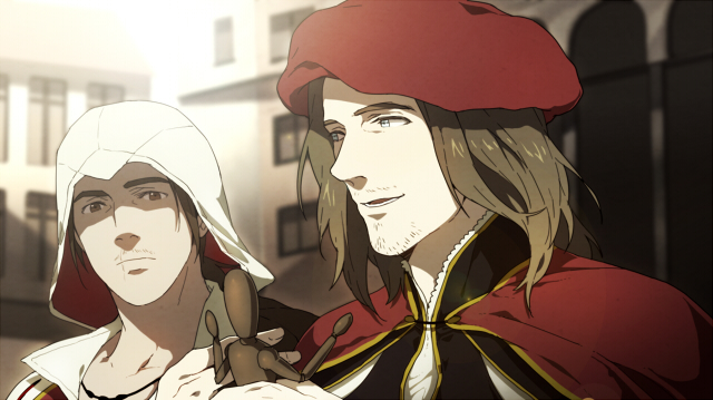assassin's_creed_ii, assassin's_creed_ii, blue_eyes, brown_eyes, brown_hair, ezio_auditore_da_firenze, facial_hair, fake_screenshot