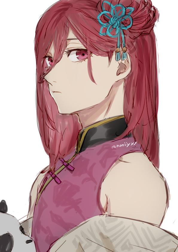 1boy, androgynous, bare_shoulders, blue_lock, chigiri_hyoma, chinese_clothes, closed_mouth, commentary_request