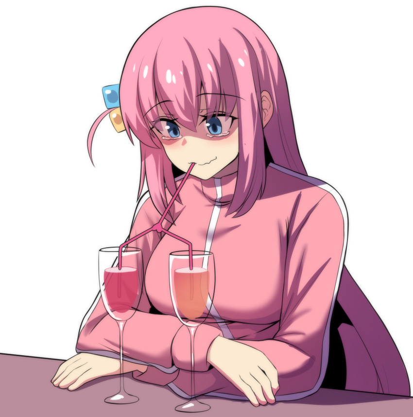 1girl, absurdres, arm_rest, blue_eyes, bocchi_the_rock!, breasts, comedy, cube_hair_ornament