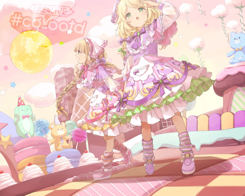 2girls, arm_up, beaky45779868, blonde_hair, blush, bow, bowtie, braid