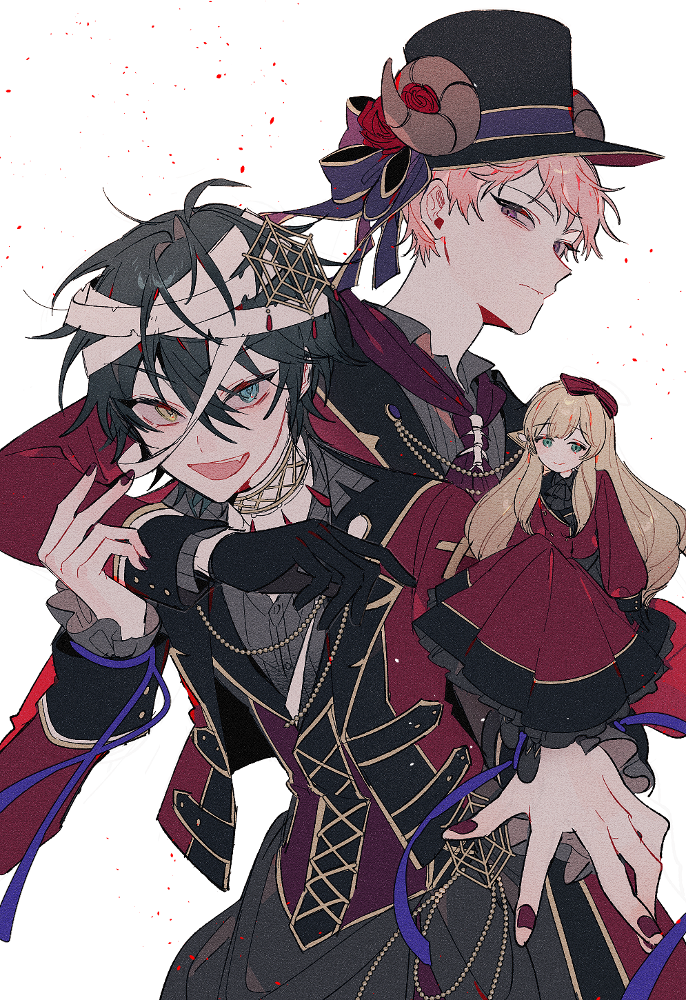 2boys, anight, arm_around_shoulder, ascot, bandaged_head, bandages, black_ascot, black_gloves