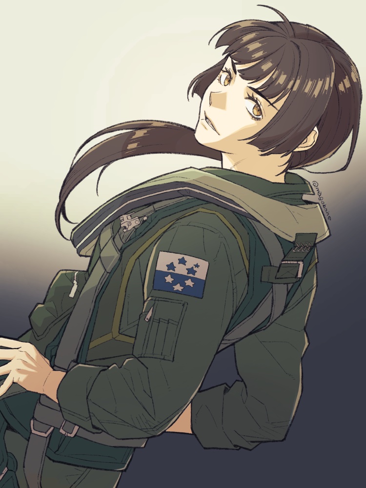 1girl, ace_combat, ace_combat_7, black_hair, brown_eyes, gradient_background, hands_on_own_hips, harness, huxian, long_hair, looking_at_viewer, looking_to_the_side, magobohe, osean_flag, parted_bangs, parted_lips, patch, pilot, pilot_suit, ponytail, strap, twitter_username