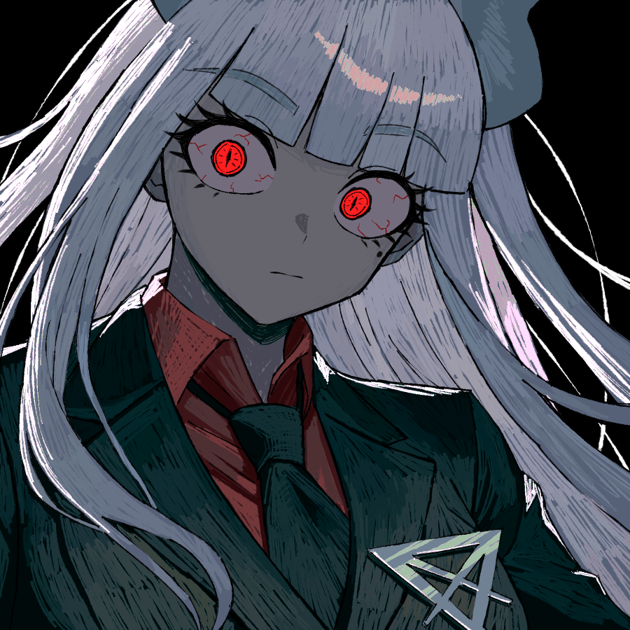 1girl, black_background, black_jacket, black_necktie, blood_vessels, blunt_bangs, breasts, buttons