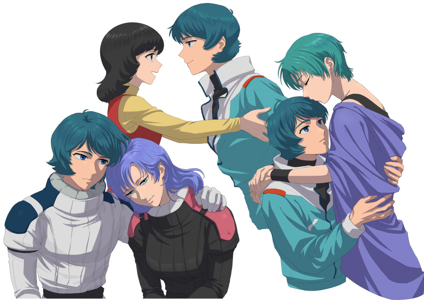 1boy, 3girls, aqua_hair, arm_around_shoulder, black_bodysuit, black_eyes, black_hair, black_wristband