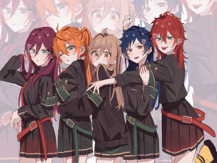 5girls, akehoshi_subaru, amagi_rinne, aqua_background, belt, black_shirt, blue_eyes, blue_hair