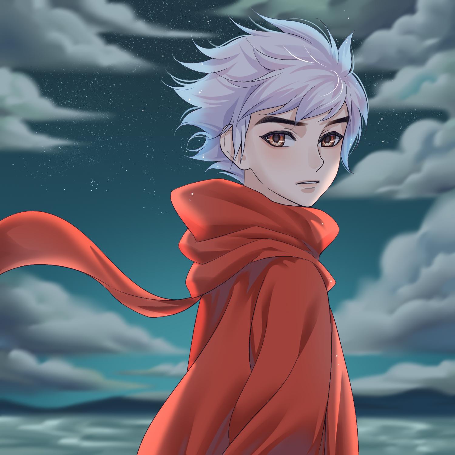 1boy, blurry, blurry_background, clouds, coat, dayu_haitang, from_side, highres