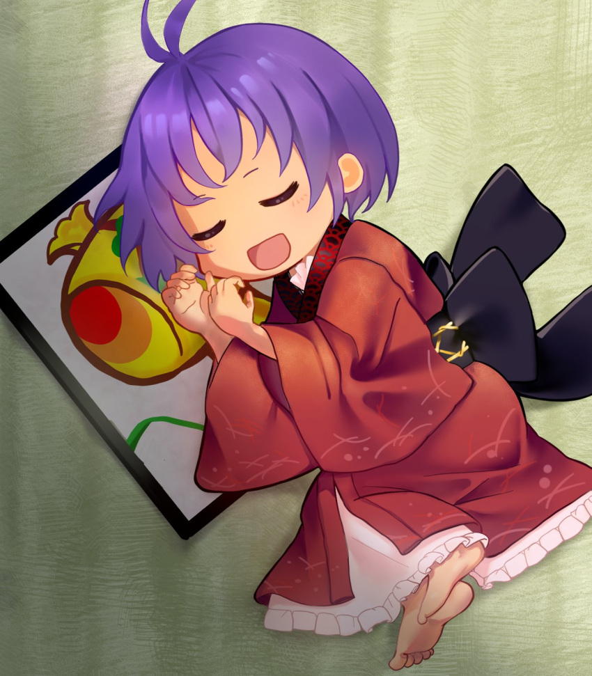 1girl, antenna_hair, barefoot, closed_eyes, full_body, hangaku_th, highres, japanese_clothes