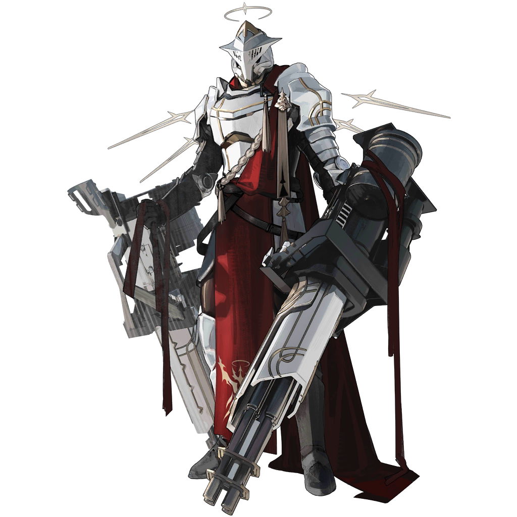 1other, ambiguous_gender, apostolic_knight_(arknights), arknights, armor, detached_wings, fake_halo, full_armor, full_body, gatling_gun, gun, halo, helm, helmet, holding, holding_gun, holding_weapon, official_art, pauldrons, shoulder_armor, tachi-e, transparent_background, weapon, wings